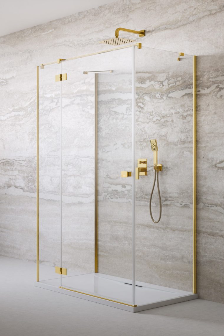 душевой уголок radaway essenza gold kdj+s 90x90 левый, стекла прозрачные, профиль золото