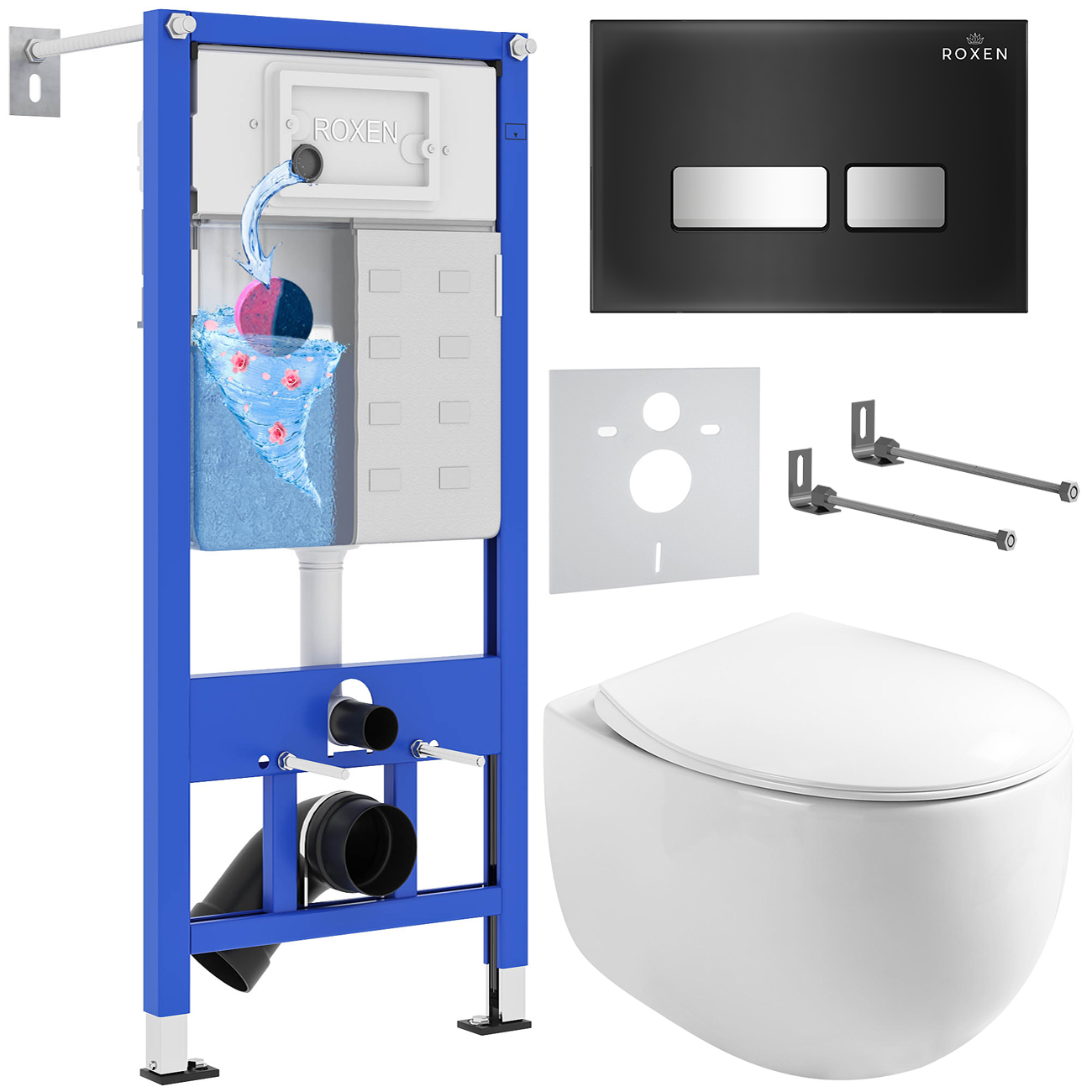 комплект инсталляции для унитаза 6 в 1 roxen stounfix dual fresh 964256 glass черный, с аромадозатором