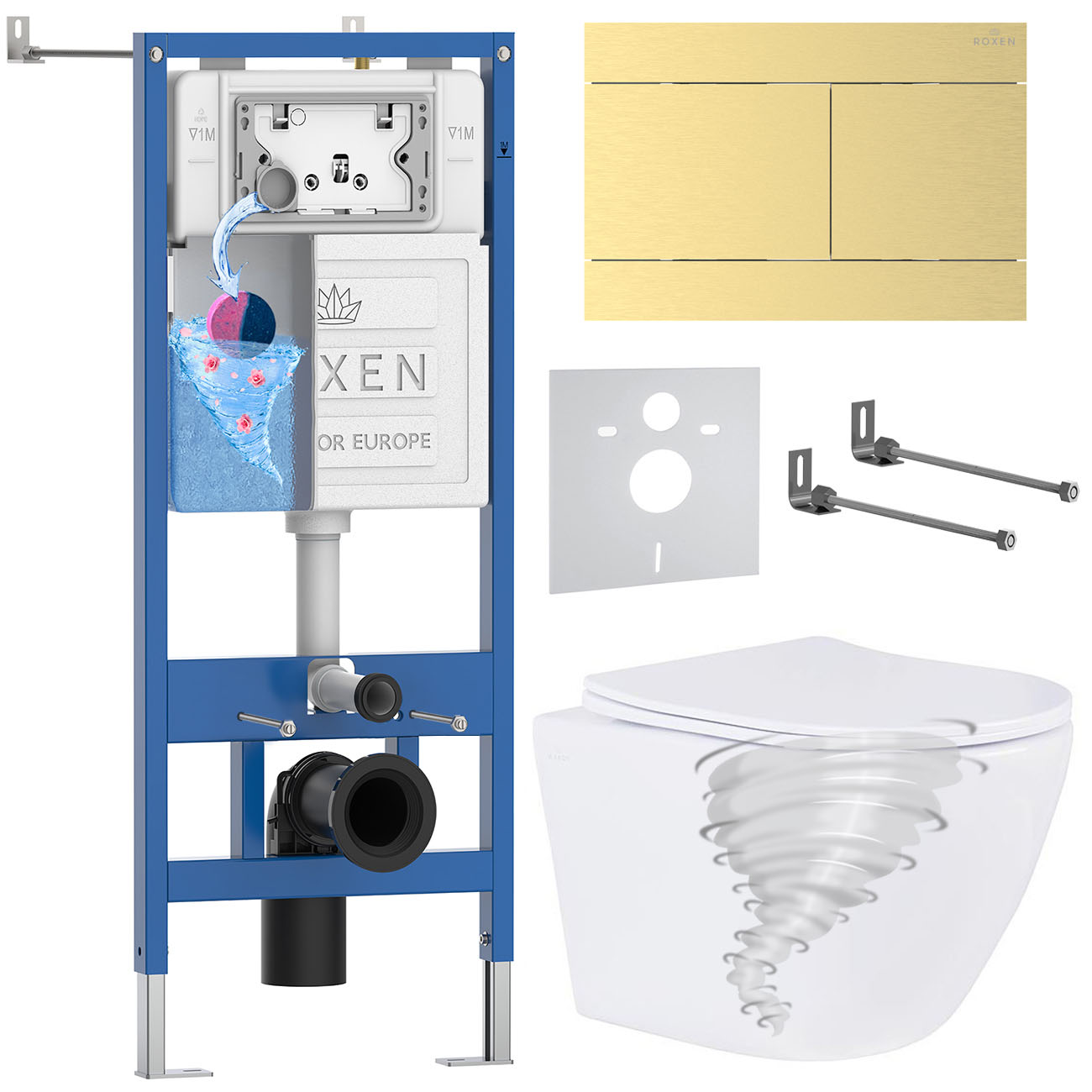 комплект инсталляции roxen 6 в 1 stounfix dual fresh 868640 клавиша брашированное золото