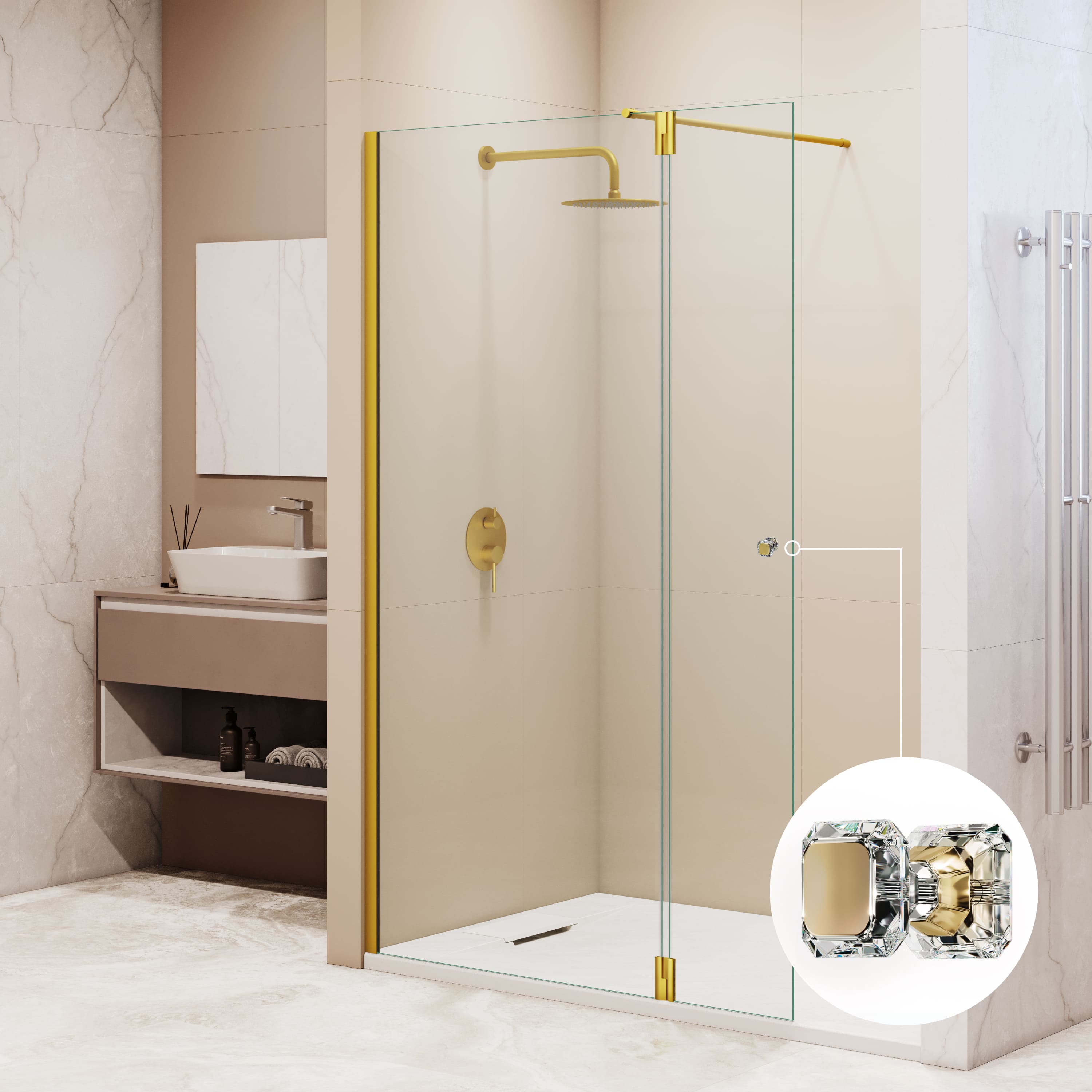душевой уголок rgw walk in wa-054gb (wa-010gb + z-072gb) 100x195 стекло прозрачное / профиль золото брашированное