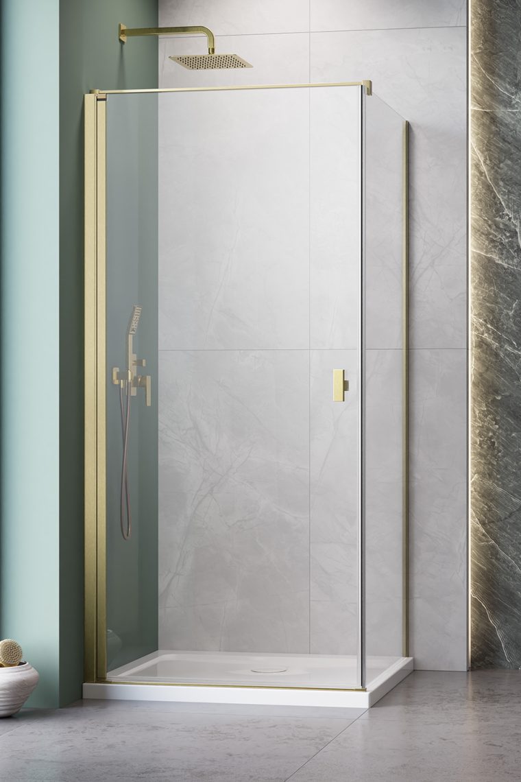 душевой уголок radaway nes brushed gold kdj i 90x70 левый, стекла прозрачные, профиль брашированное золото