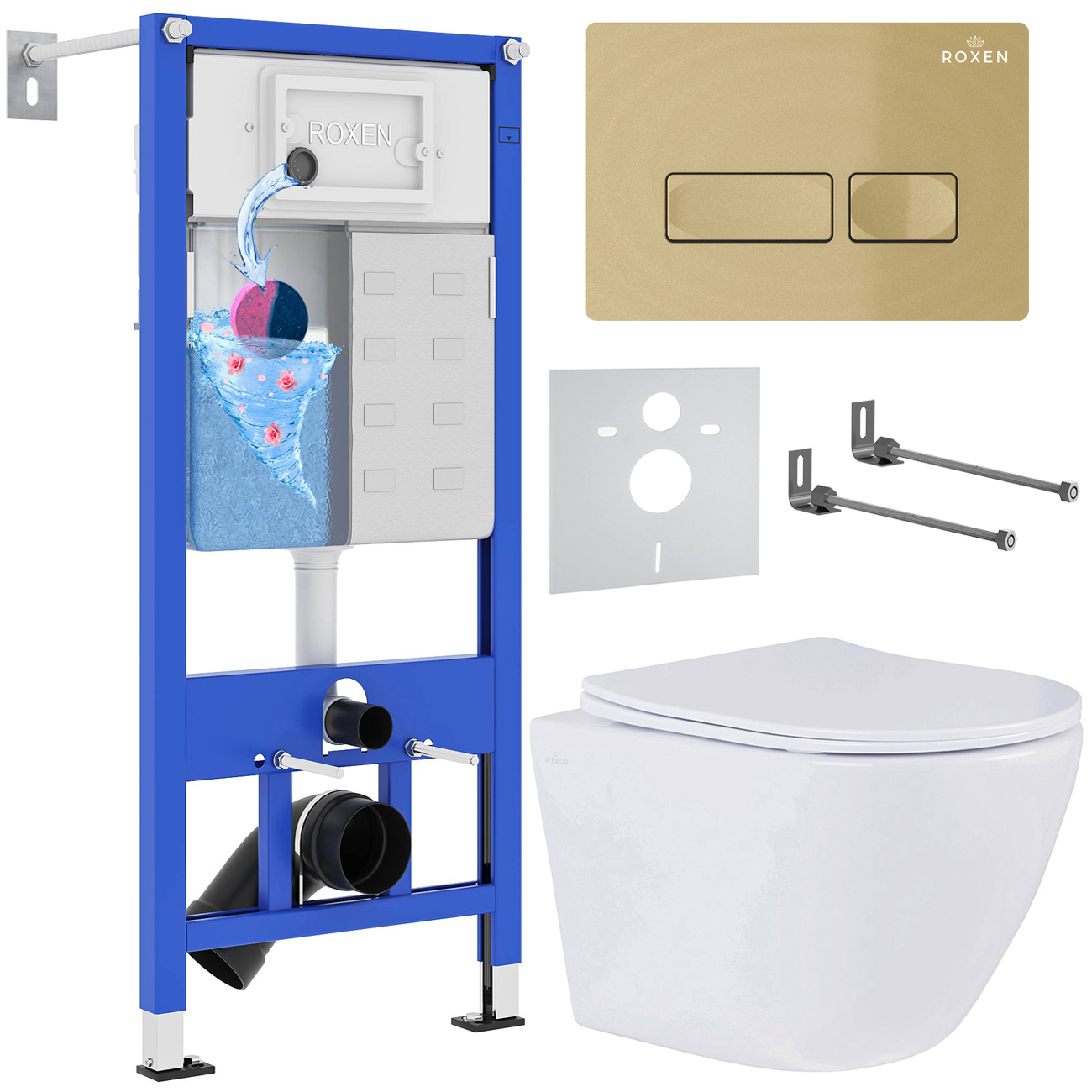 комплект 6 в 1 roxen stounfix dual fresh 968332 клавиша смыва caspia 410280gb брашированное золото + antares tornado 530205-01