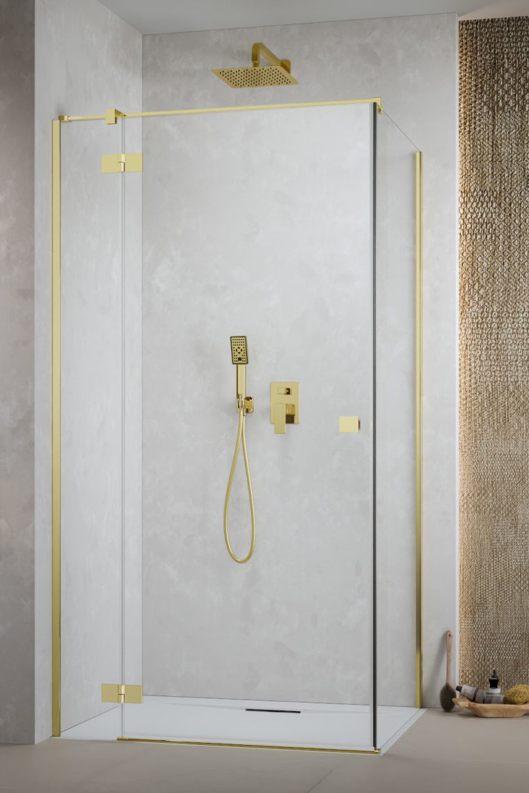 душевой уголок radaway essenza gold kdj 90x80 левый, стекла прозрачные, профиль золото