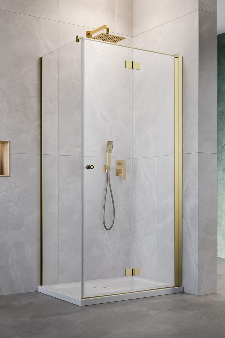 душевой уголок radaway nes brushed gold kdj-b 80x75 правый, стекла прозрачные, профиль брашированное золото