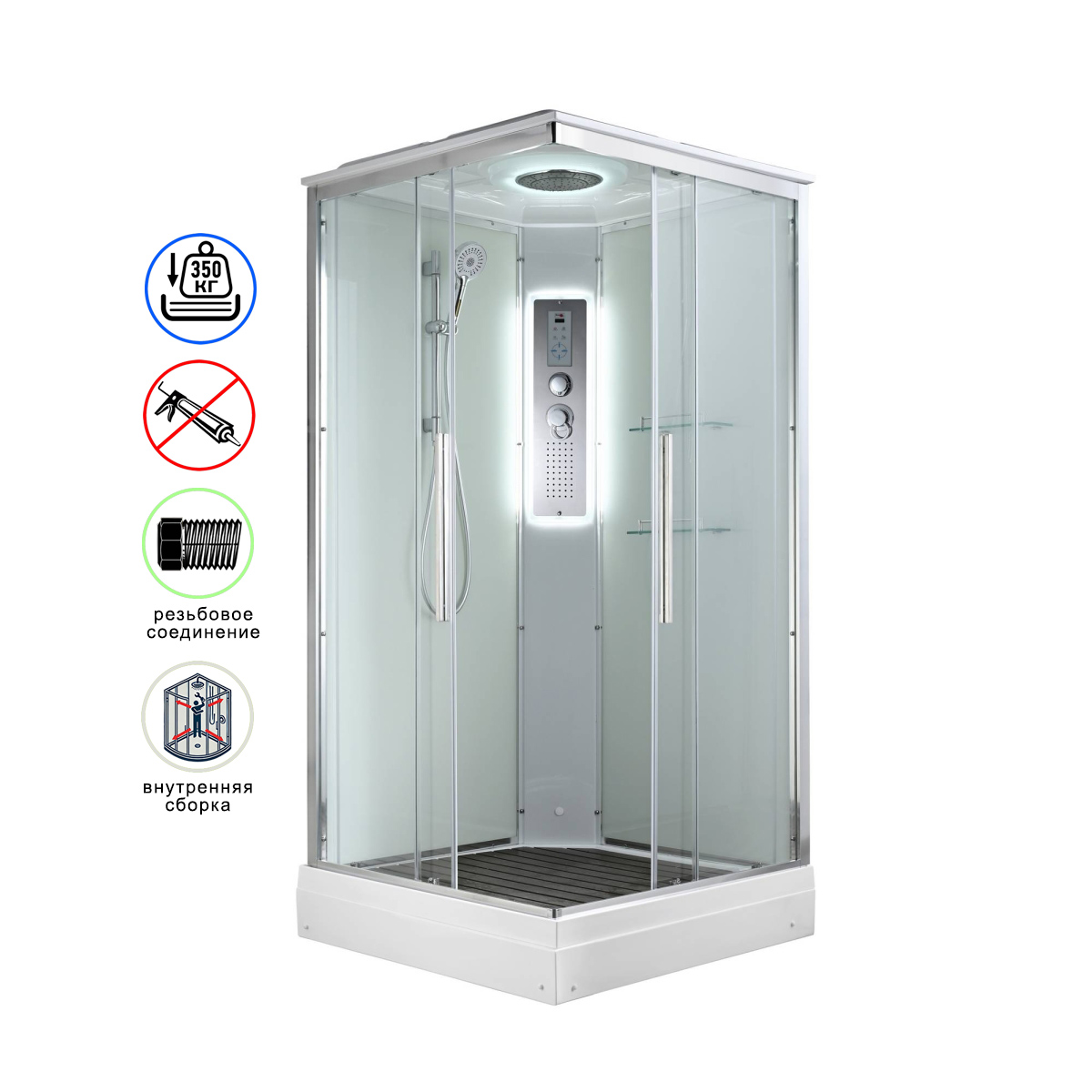душевая кабина avacan k2090led ava 90x90 led, стекла прозрачные, профиль хром