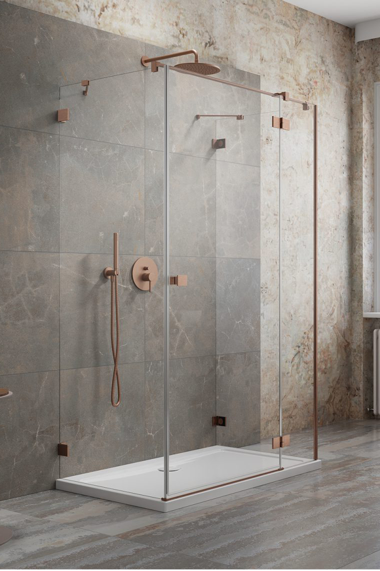 душевой уголок radaway essenza pro brushed copper kdj+s 80x90 правый, стекла прозрачные, профиль брашированная медь