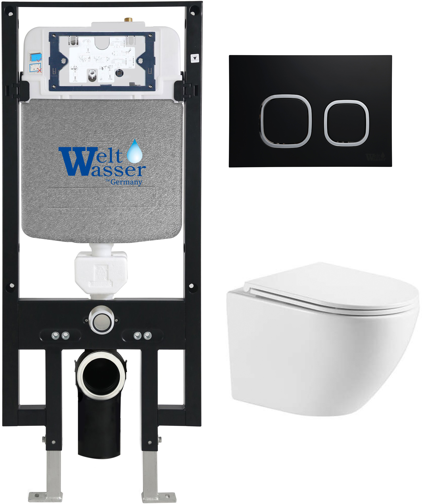 комплект инсталляции welt-wasser amberg 497 с унитазом merzbach 043 xl gl-wt и клавишей смыва amberg rd-bl черный матовый