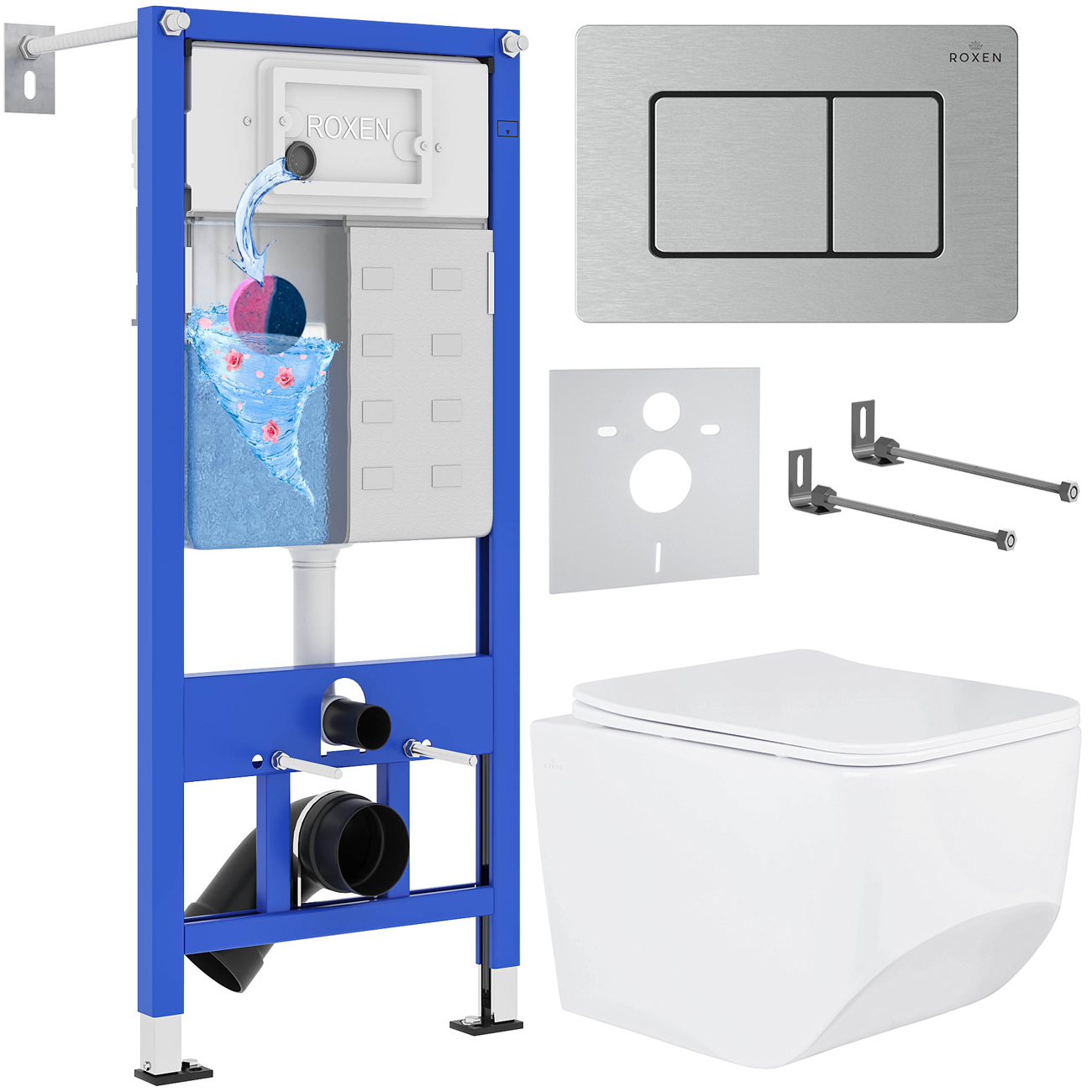 комплект инсталляция roxen stounfix dual fresh 6 в 1 968433 с унитазом boro 530145-01 и клавишей смыва steel 420280s сатин