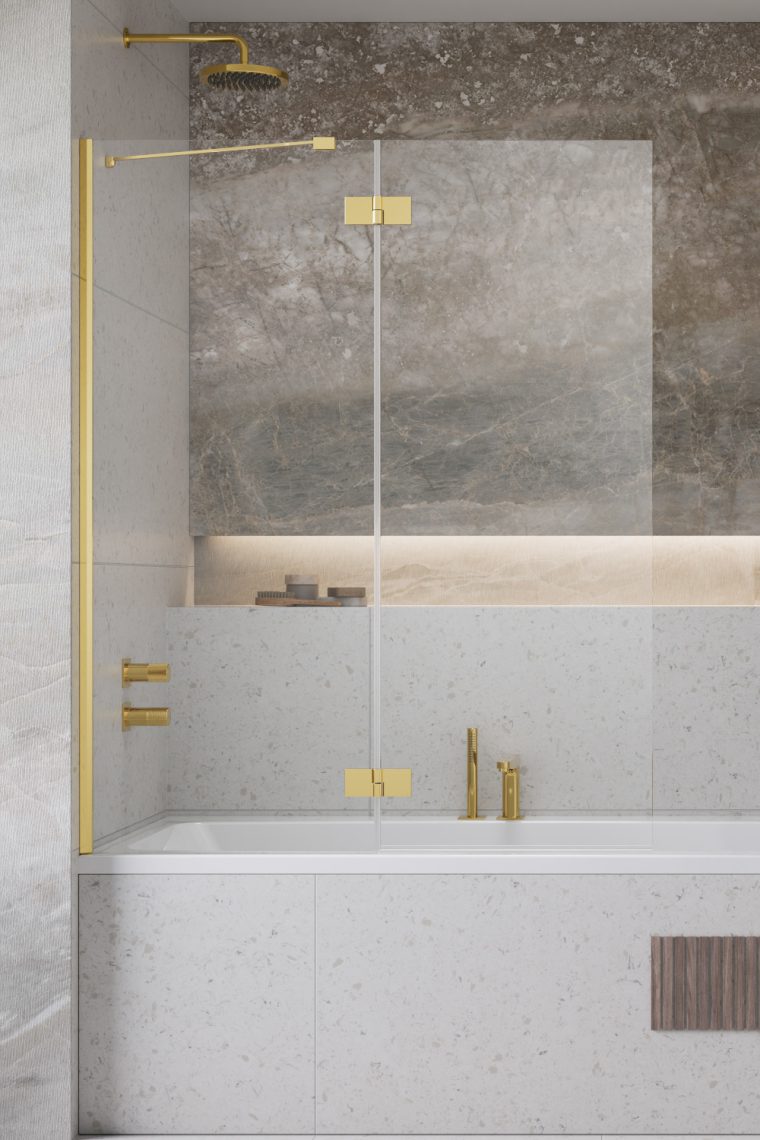 шторка на ванну radaway essenza gold pnd ii 140x150 левая, стекла прозрачные, профиль золото