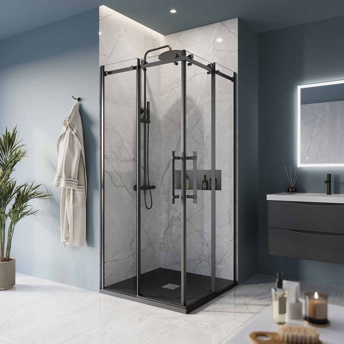 душевой уголок belbagno marino-a-2-100-c-nero стекло прозрачное/черный матовый