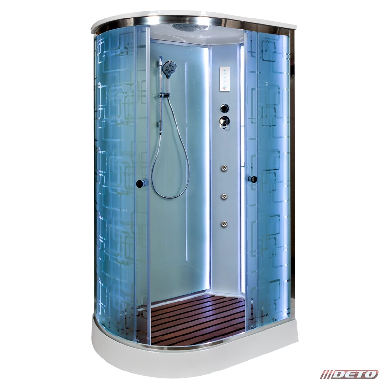 душевая кабина deto em1512 r 120x80 (с led подсветкой и гидромассажем) стекла матовые, с рисунком, профиль хром, правая